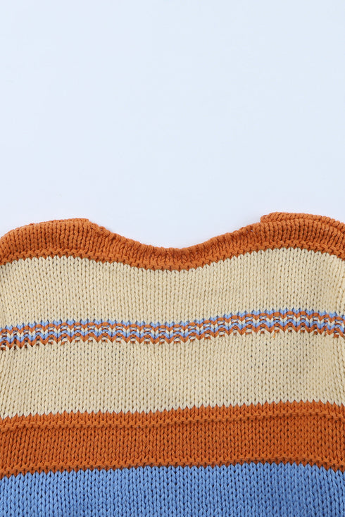 V-Neck Knitted Lantern Sleeve Pullover Sweater